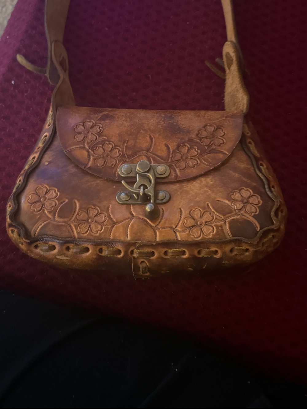 Hand-Tooled Brown Leather Floral Crossbody Bag